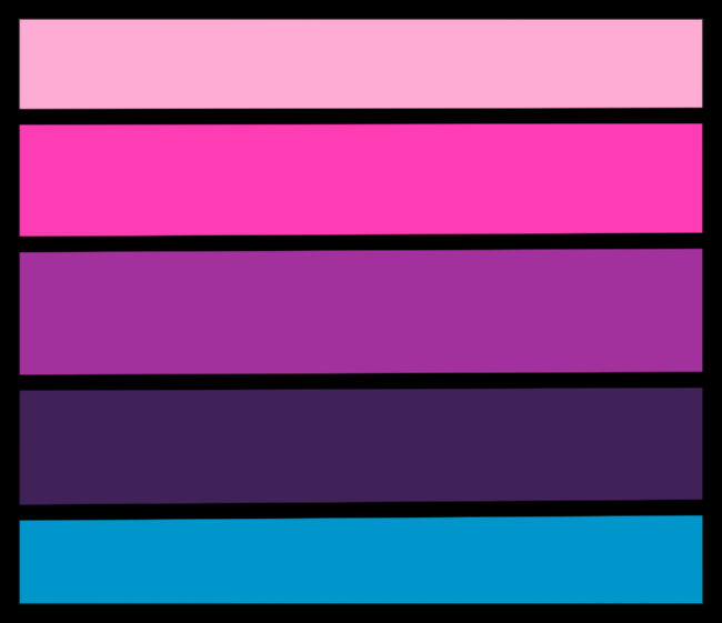 A drawing of the Omni Lesbian flag. It is a 5 striped flag and the stripe colors from top to bottom are light pink, pink, purple, dark purple, and blue